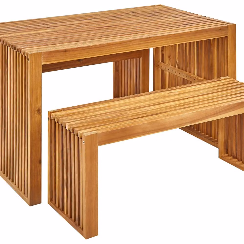 Wyld and Coco 3-Piece Acacia Wood Dining Set with Rectangular Table and 2 Benches in Brown – 2
