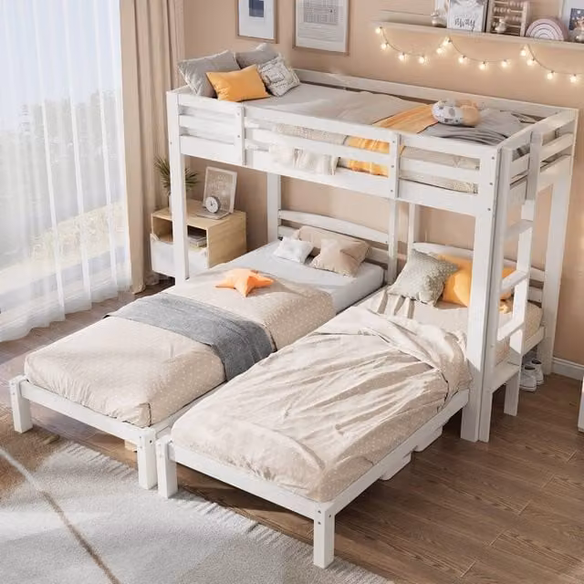 Merax White Solid Pine T-Shaped Triple Bunk Bed Frame with Ladder and Bedside Shelf, W/D/H: 190 x 90 x 162.5 cm