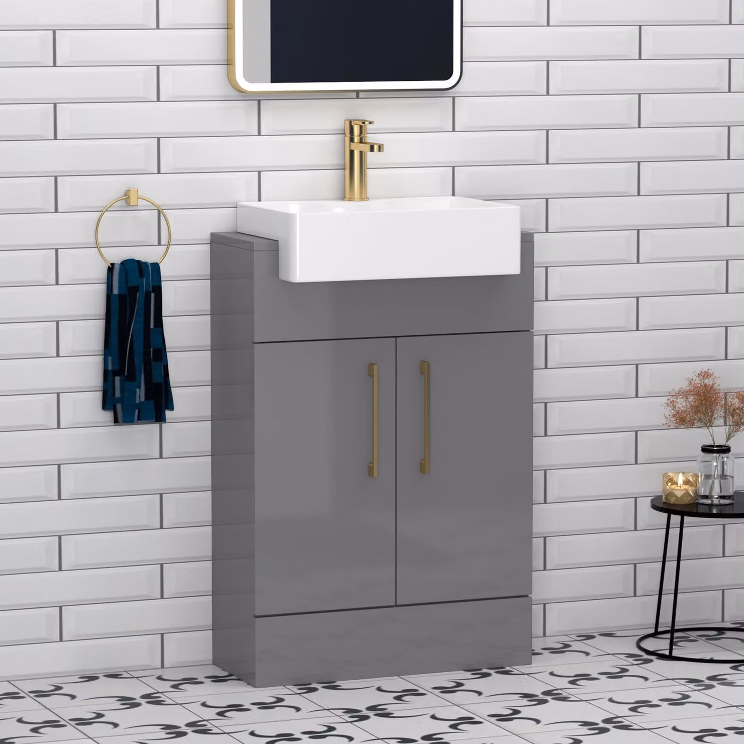 Royal Bathrooms Elena 600mm Indigo Grey Gloss Floor Standing Vanity Unit with 2 Doors, Brushed Brass Handle and Semi Recessed Basin