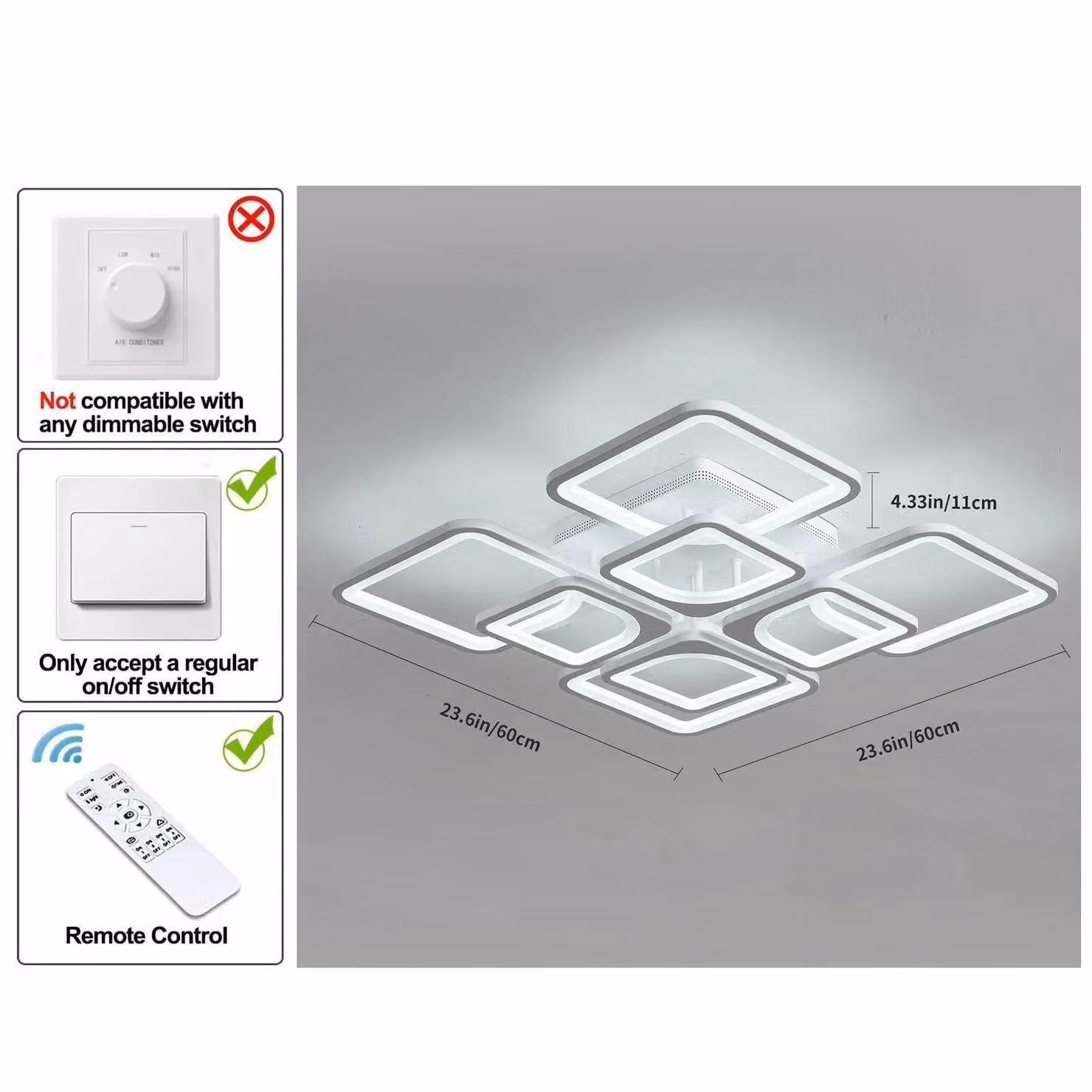 Garwarm 70W Square Acrylic LED Ceiling Light, White Flush Mount, Dimmable – 3
