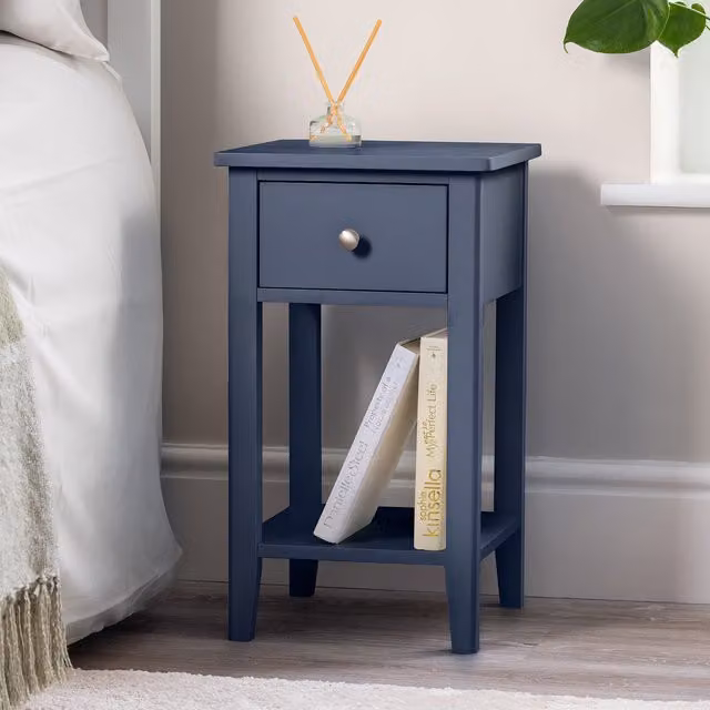 Christow Modern Lacquered Slim Bedside Table with Drawer in Blue