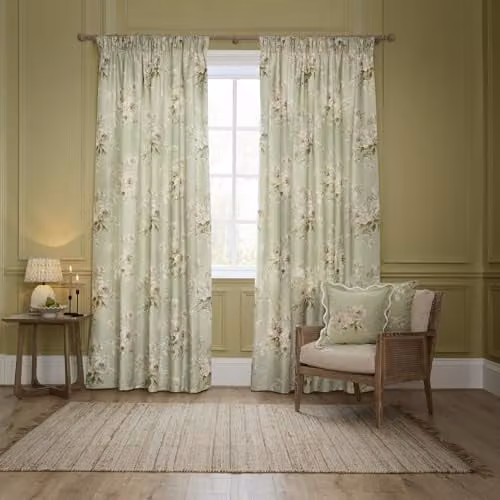 Sanderson Adele Room Darkening Pencil Pleat Curtain Pair in Green Botanical Floral Chenille, H 168 cm x W 137 cm