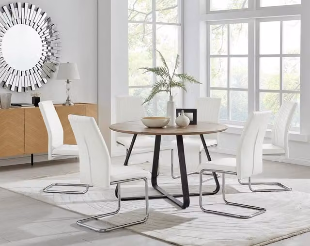 FurnitureboxUK Santorini Brown Wood Effect Round Dining Table and 6 Black Lorenzo Chairs in Off-White, Diameter: 120 cm – 1
