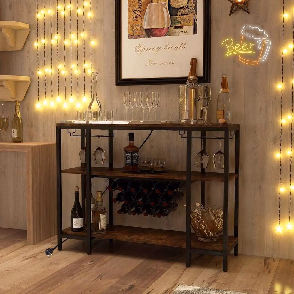 EONLION 3-tier Brown Industrial Wine Bar Cabinet with Glass Storage, Width: 100 cm – 3
