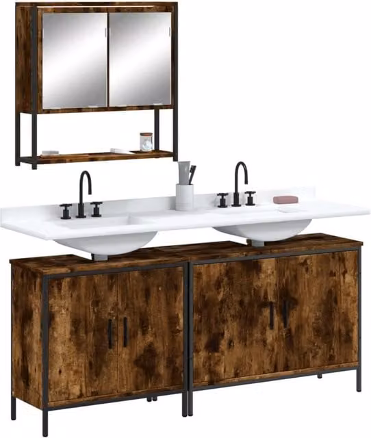 Berkfield Home 3 Piece Industrial Bathroom Furniture Set in Smoked Oak Brown – 1