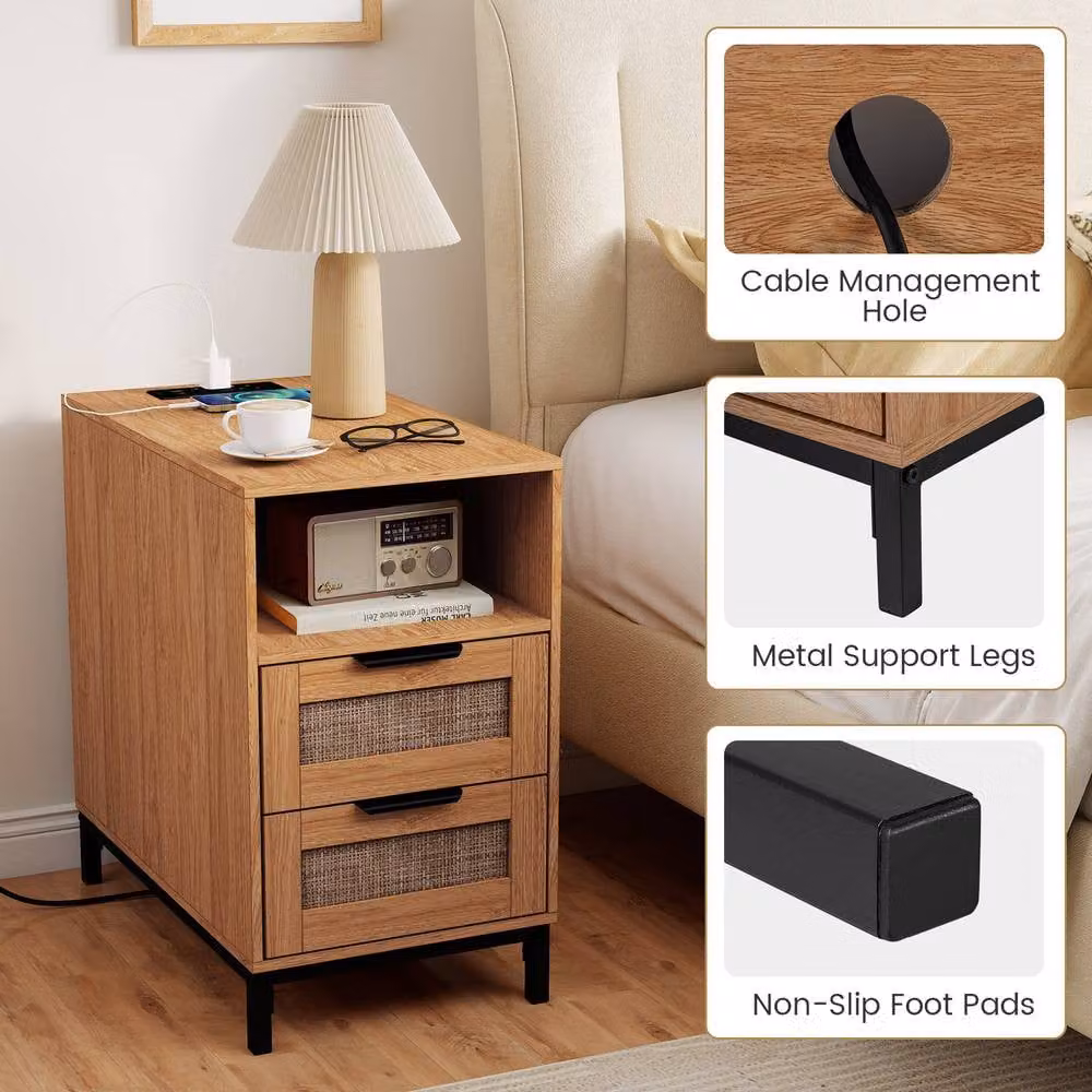 Gymax Narrow Brown Rattan Side Table with Charging Station and 2 Drawers – 4