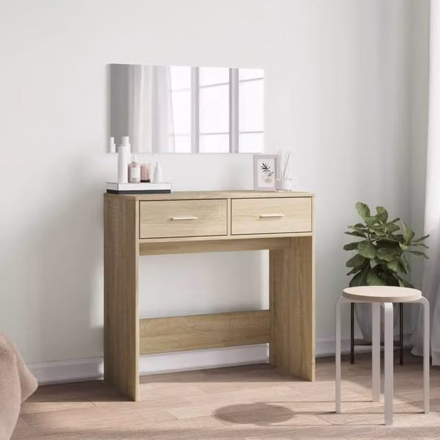 Berkfield Home Modern Dressing Table with Mirror in Sonoma Oak and Light Tan, W/D/H: 80 x 39 x 80 cm