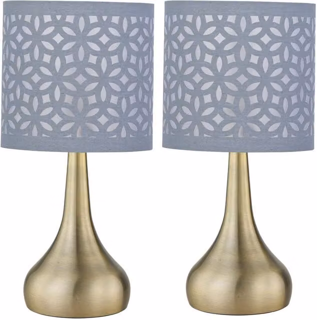 First Choice Lighting Romana Set of 2 Antique Brass Touch Table Lamps with Grey Laser Cut Fabric Shades in Bronze