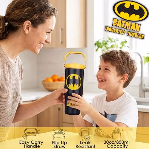 Get Trend DC Comics Batman Insulated Stainless Steel Tumbler with Straw and Handle, Black, 850ml – 2