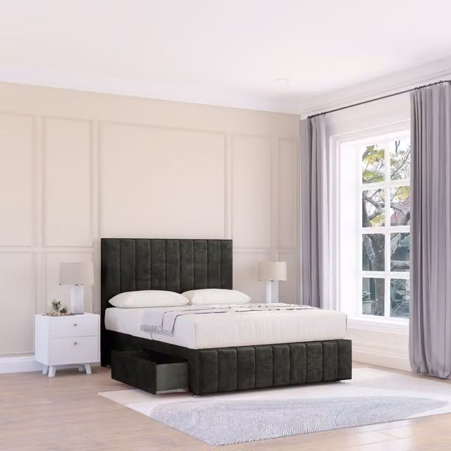 Sloomy California Divan Bed Base in Dark Grey with 2 Drawers, 12 inch Footboard and 26 inch Strutted Headboard, Size: King (W/D/H: 180 x 200 cm)