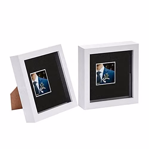 Nicola Spring 2 Piece Square 3D Shadow Box Photo Frame Set in White and Black with 2 x 2 inch Mounts