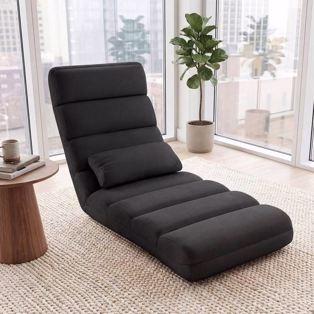 Gymax Black Microfibre Upholstered Floor Chaise Lounge with 5-Position Foldable Gaming Seat and Adjustable Headrest – 9