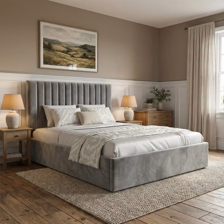 DHS Vertical Line Velvet Ottoman Storage Bed Frame in Grey, Double (140 x 200 cm)