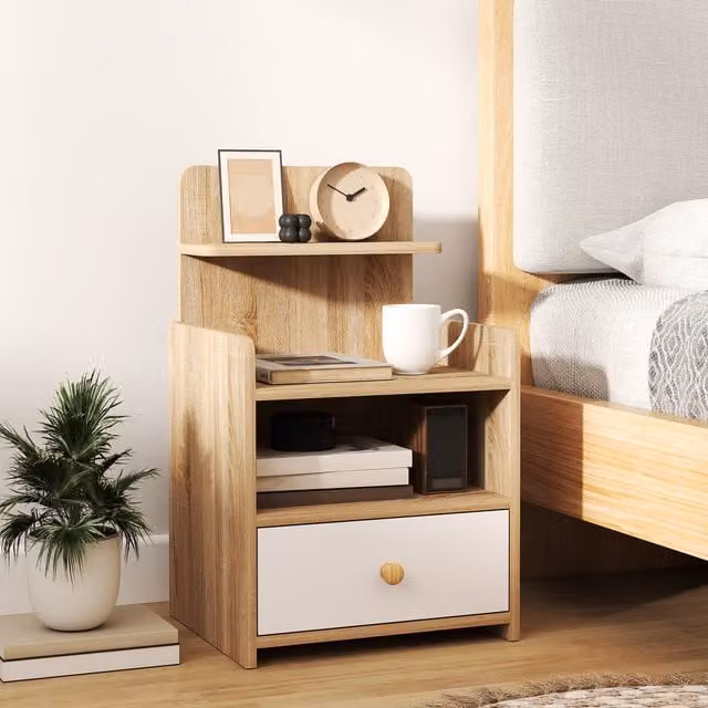 HOMCOM Modern Bedside Cabinet with Drawer in Brown and Yellow Wood Finish