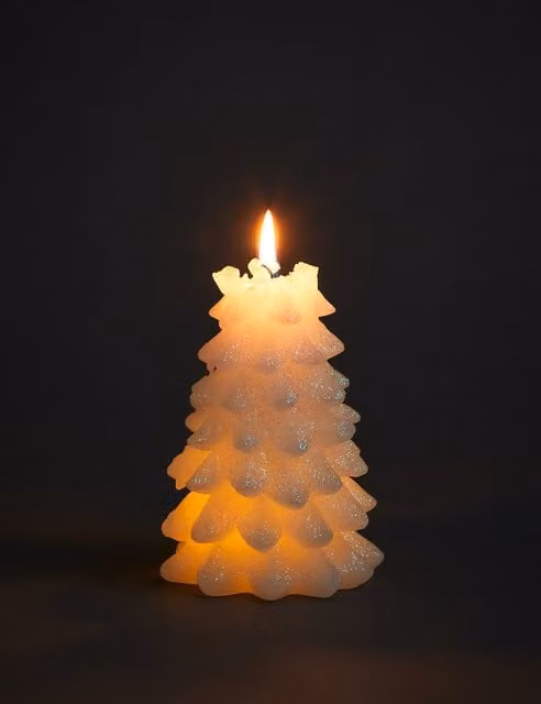 M&S White Christmas Tree Light Up Wax Pillar Candle Figure