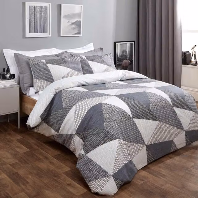 Dreamscene Reversible Grey Textured Geometric Duvet Cover Set with Pillowcases, W: 180 cm, H: 200 cm
