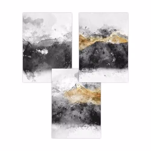 ARTZE Set of 3 Abstract Grey and Yellow Mountain Landscape Wall Art Paper Posters, W: 29.7 cm, H: 42 cm – 2