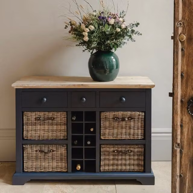 Florence Sideboard with Wine Rack, Baskets and Drawers in Navy Blue, Acacia Wood and Rattan, W/D/H: 120 x 42 x 85 cm
