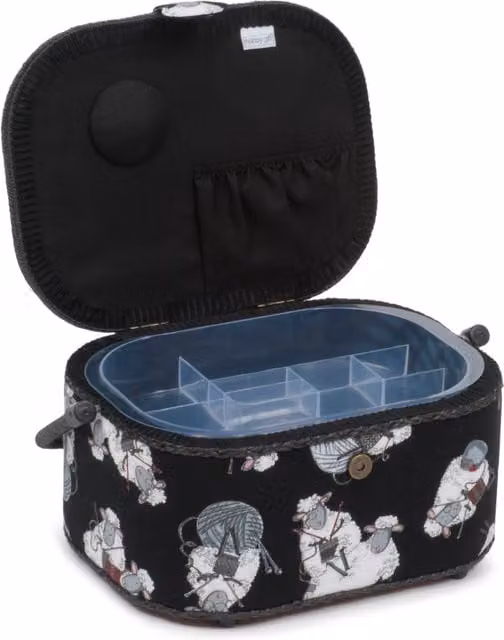 HobbyGift Oval Sewing Box with Black Knit Sheep Design