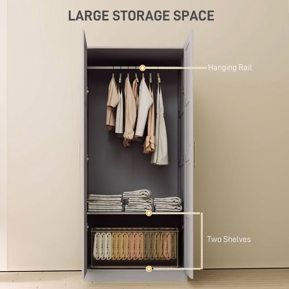HOMCOM Modern Double Wardrobe in Grey with Hanging Rail and Soft-Close Hinged Doors, H: 180 cm, W: 80 cm – 3