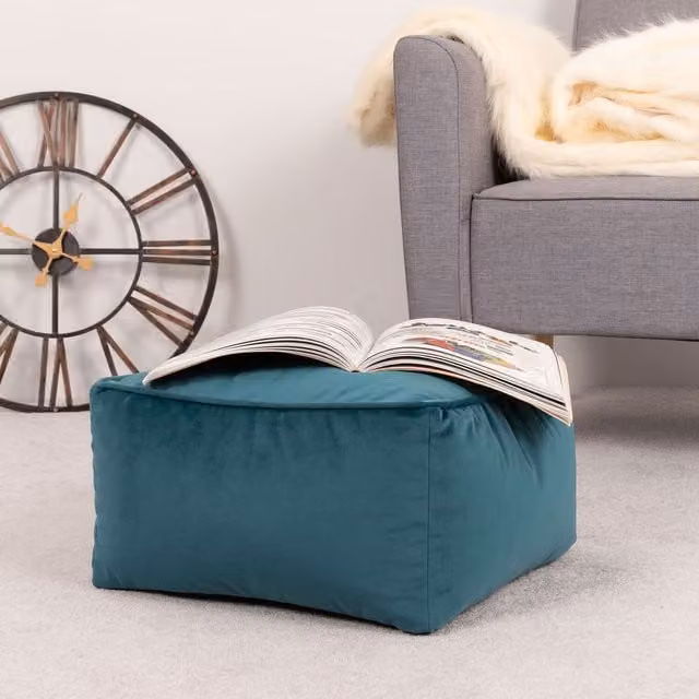 icon Amara Square Velvet Bean Bag Footstool in Petrol Blue