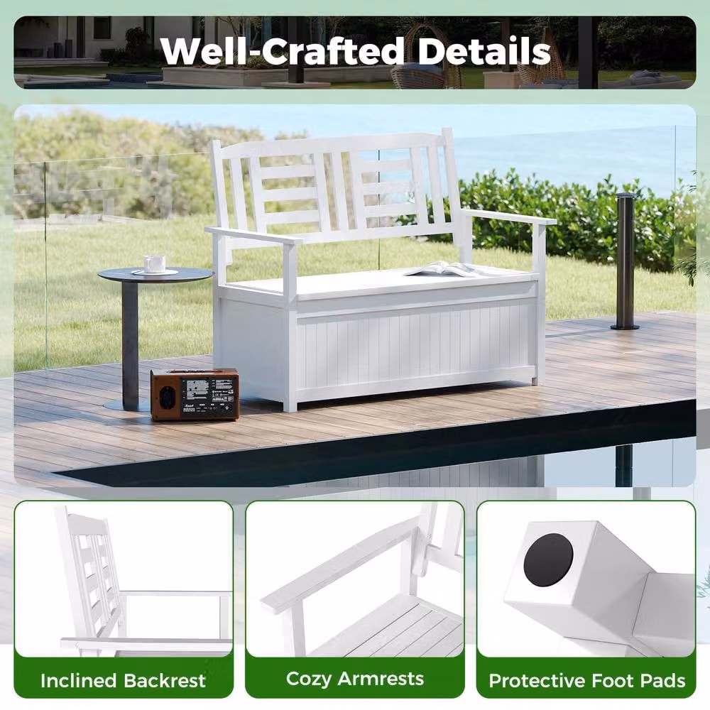 Gymax Solid Wood Patio Bench Storage Loveseat with Backrest in White – 5