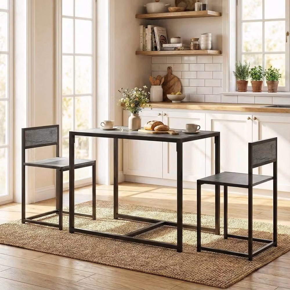 STILVORA 3 Piece Dining Set with 2 Stools, Grey MDF and Steel Frame – 3