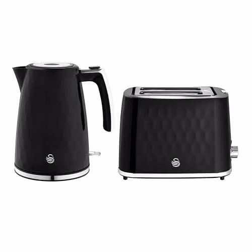 Swan Hexton Kitchen Set including 1.7L Rapid Boil Kettle and 2 Slice Toaster, Black with Chrome Accents