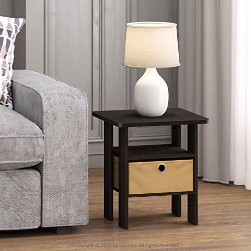 Furinno Andrey Side Table with Open Shelves and Storage Bin in Espresso Brown – 2