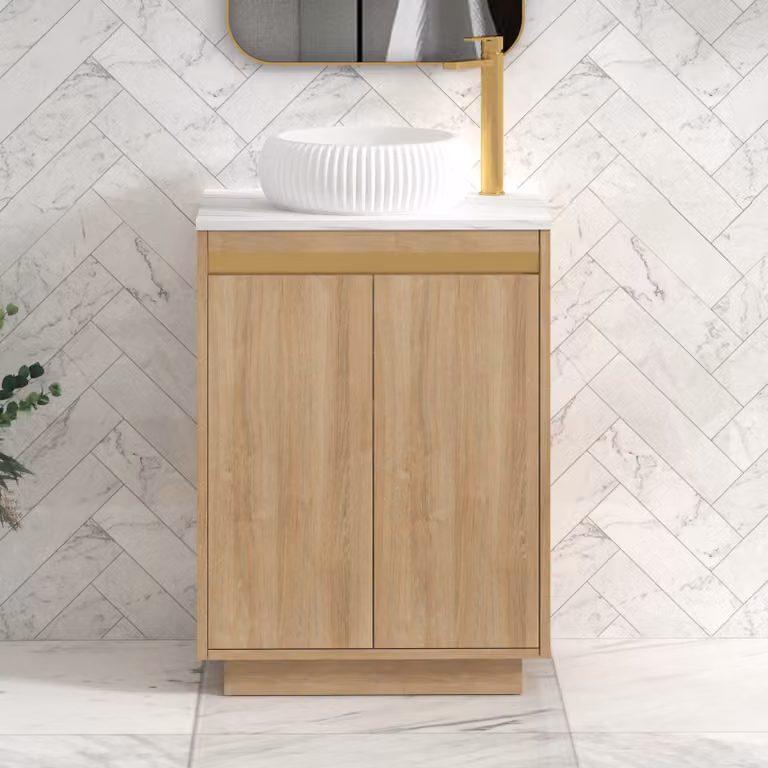 Royal Bathrooms Orion 600mm Natural Oak Floor Standing Countertop Vanity Unit with Milan Basin and Brushed Brass Accent Trim