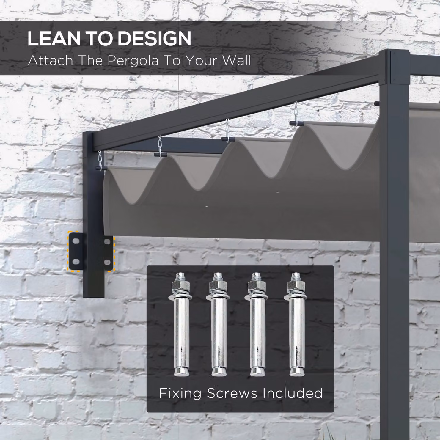 OUTSUNNY Wall Mounted Lean-to Pergola with Retractable Sun Shade Canopy in Matt Grey, W/D/H: 397 x 220 x 285 cm – 3
