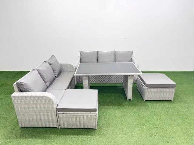 Fimous 8 Seater Rattan Outdoor Dining Table Set with 2 Large Stools in Light Grey