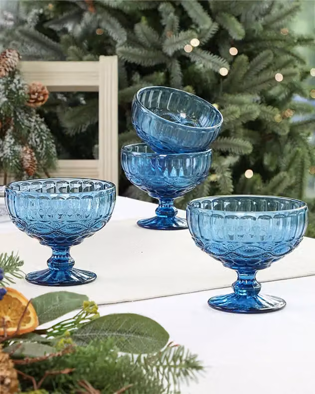 Dibor Set of 2 Vintage Blue Glass Dessert Bowls, H10 x W12 cm – 3