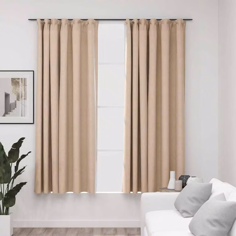 Berkfield Home Linen-Look Blackout Curtains with Hooks, 2 Pack, Beige, W: 140 cm, H: 175 cm