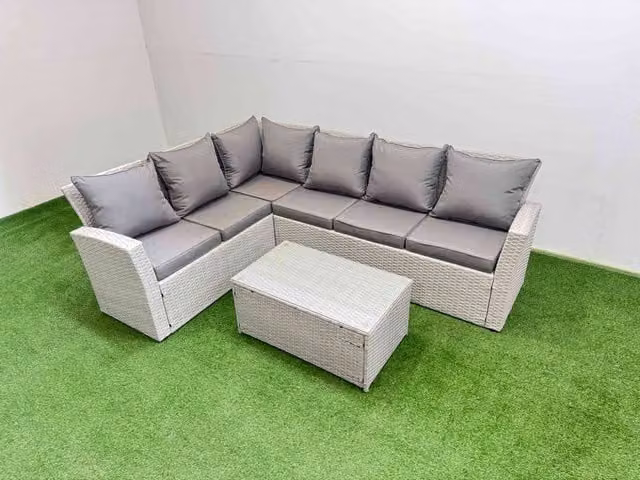 Fimous 6 Seater Light Grey PE Rattan Garden Furniture Set with Metal and Glass Details