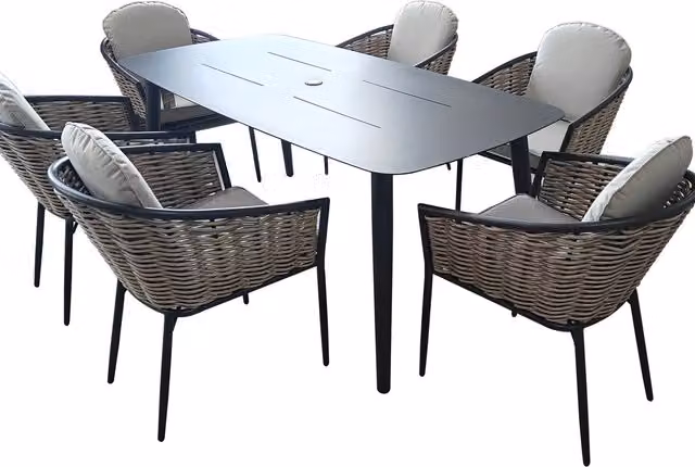 SHG Bolingbroke 6 Seater Grey Aluminium and Beige Wicker Dining Table Set