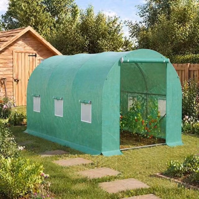 STILVORA Green Walk-in In-ground Greenhouse with Roller Door, Mesh Windows and Galvanised Steel Frame, W/D/H: 395 x 195 x 190 cm