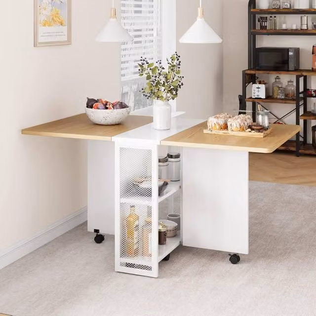 London Boutique Mobile Drop Leaf Dining Table with Shelves in White – 1