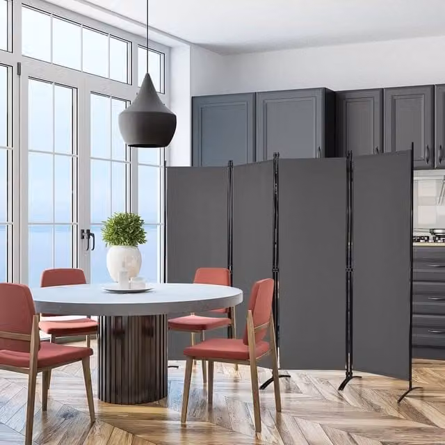 SPETLEK 4 Panel Foldable Room Divider in Grey with Polyester Fabric and Steel Frame, H 173 cm x W 220 cm