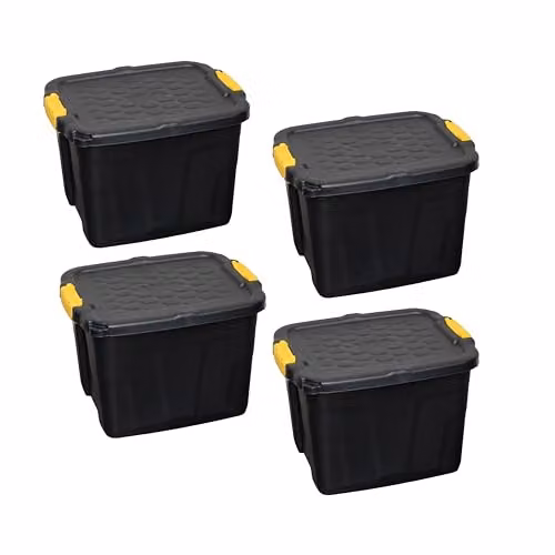 Samuel Alexander 4 Pack of 42L Heavy Duty Lockable and Stackable Plastic Storage Tubs with Clips in Black