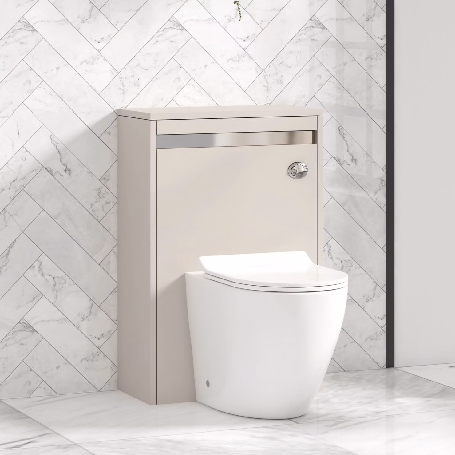 Royal Bathrooms Orion 540mm Warm Taupe BTW WC Unit with Elva Rimless Ceramic Toilet Pan, Slim Soft Close Seat and Cistern with Chrome Accent Trim