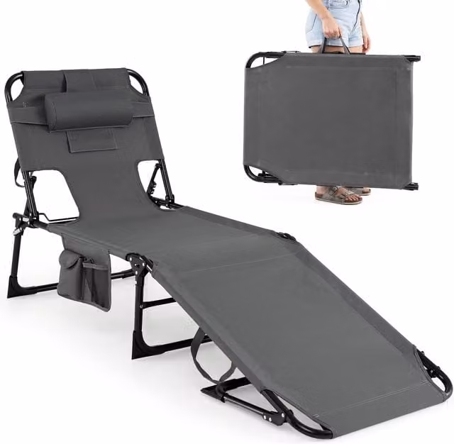Costway Grey Folding Chaise Lounge Beach Chair with Adjustable Headrest and Textilene Fabric