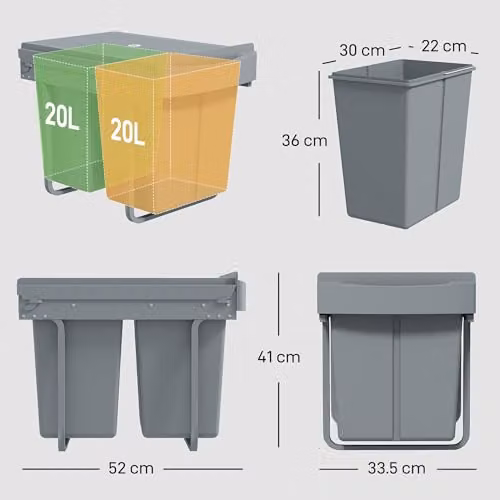HOMCOM Grey Pull Out Kitchen Under Sink Bin with Soft-Close Mechanism and Removable Inner Bucket, 40L – 3