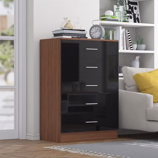 Reflect 5 Drawer Tallboy Chest in Black Gloss and Walnut Matt Finish, H 100 cm x W 70 cm x D 40 cm