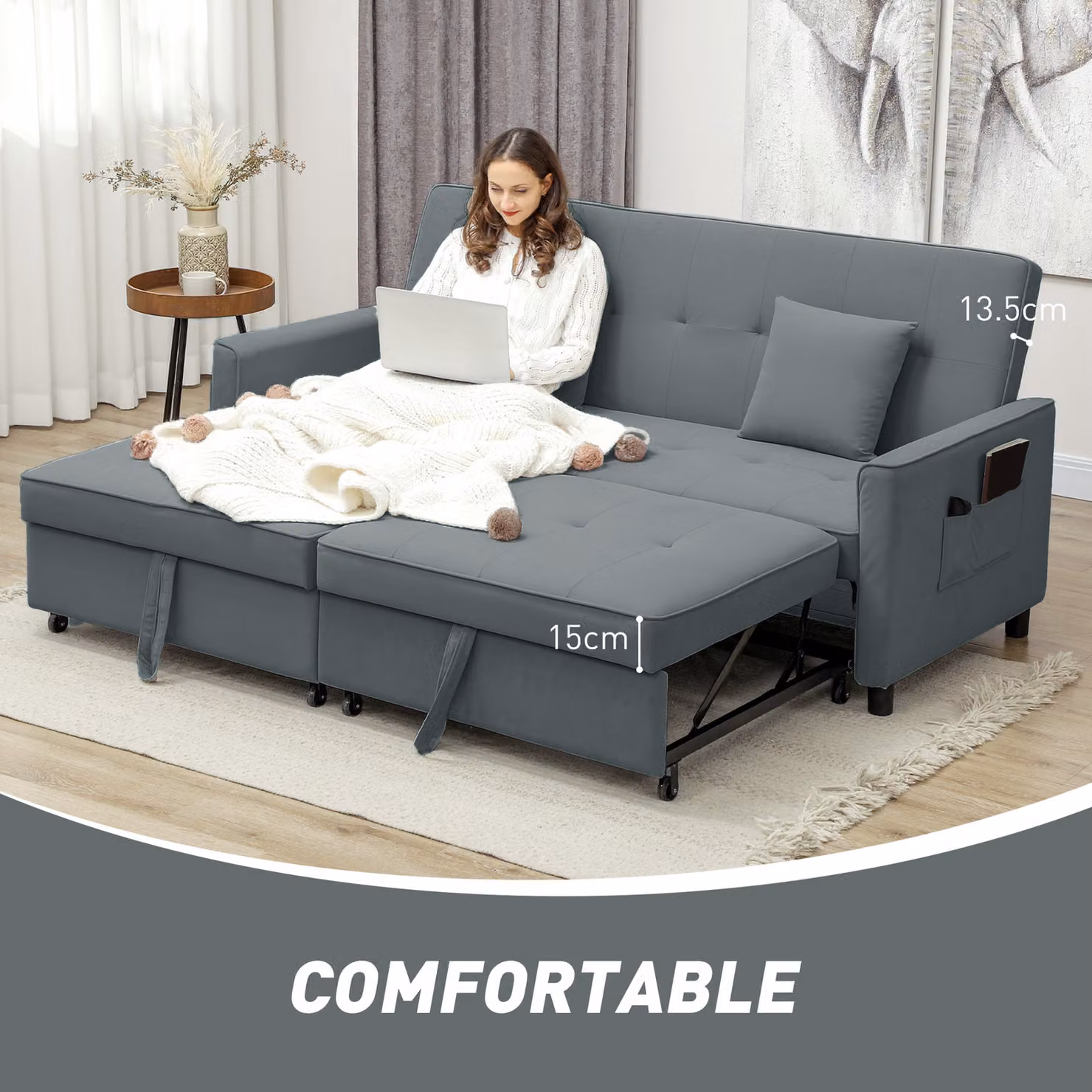 HOMCOM 3 Seater Velvet Click-Clack Sofa Bed in Grey, W/D/H: 200 x 140 x 89 cm – 5