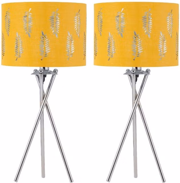 First Choice Lighting Set of 2 Silver Tripod Table Lamps with Yellow Ochre Fern Cut Out Fabric Shades