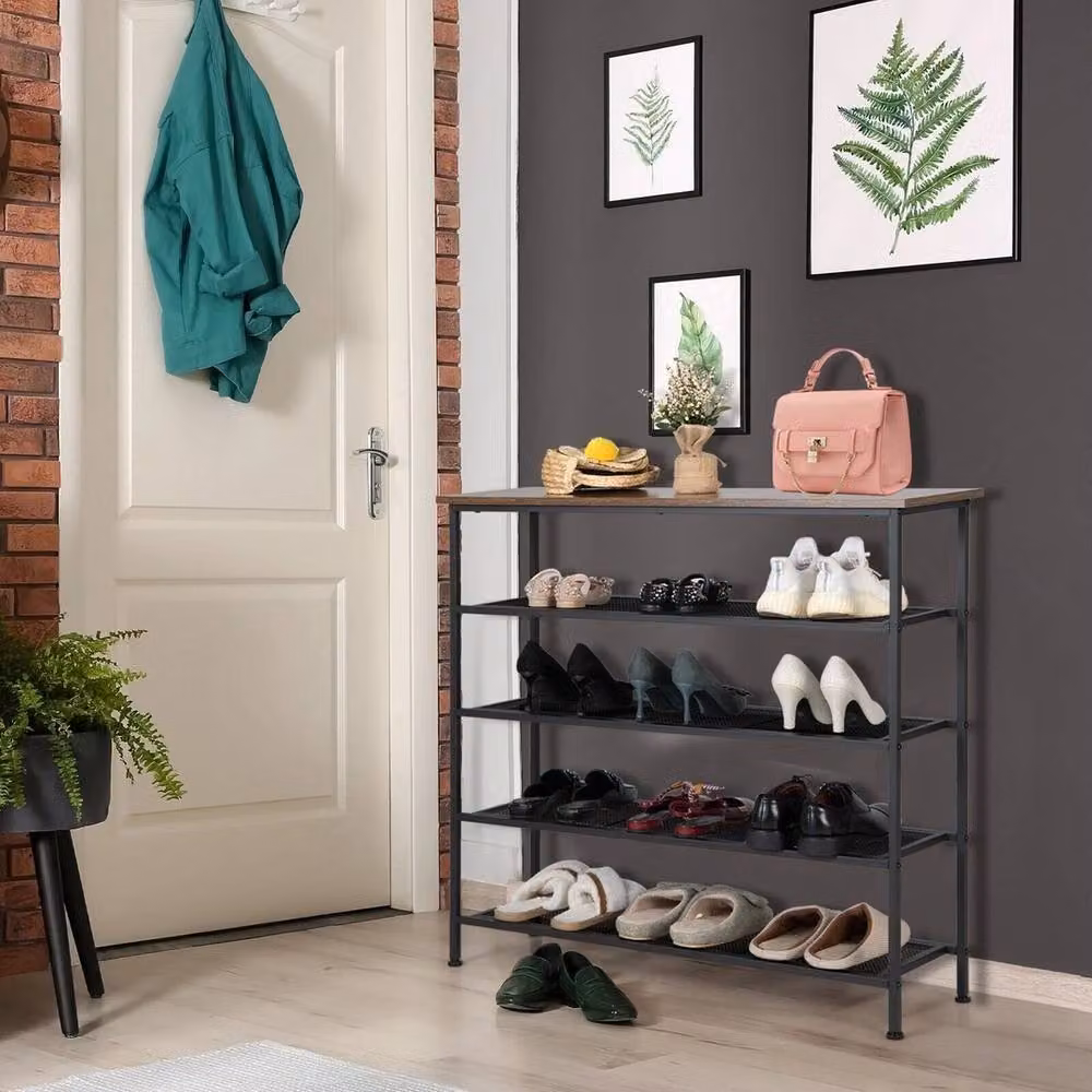 Kelvenix 5-Tier Industrial Brown Wood and Metal Freestanding Entryway Shoe Rack – 3