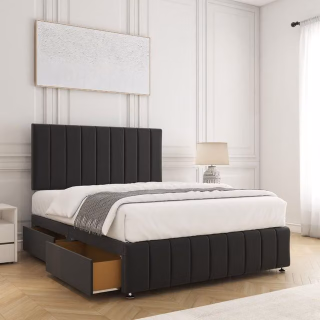 BSSPOKE Sierra King Size Plush Velvet Divan Bed Set with 24 inch Headboard, 4 Drawers and Mattress in Black