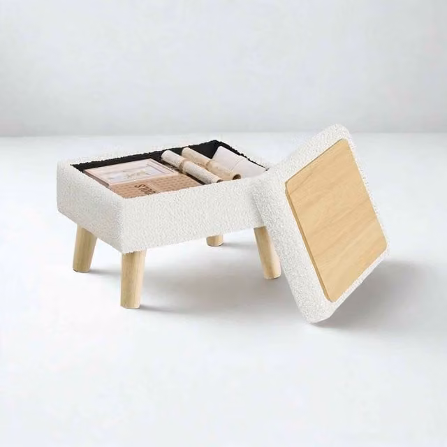 The Bazaarist Teddy Fleece Storage Ottoman in White and Beige with Rubberwood Legs