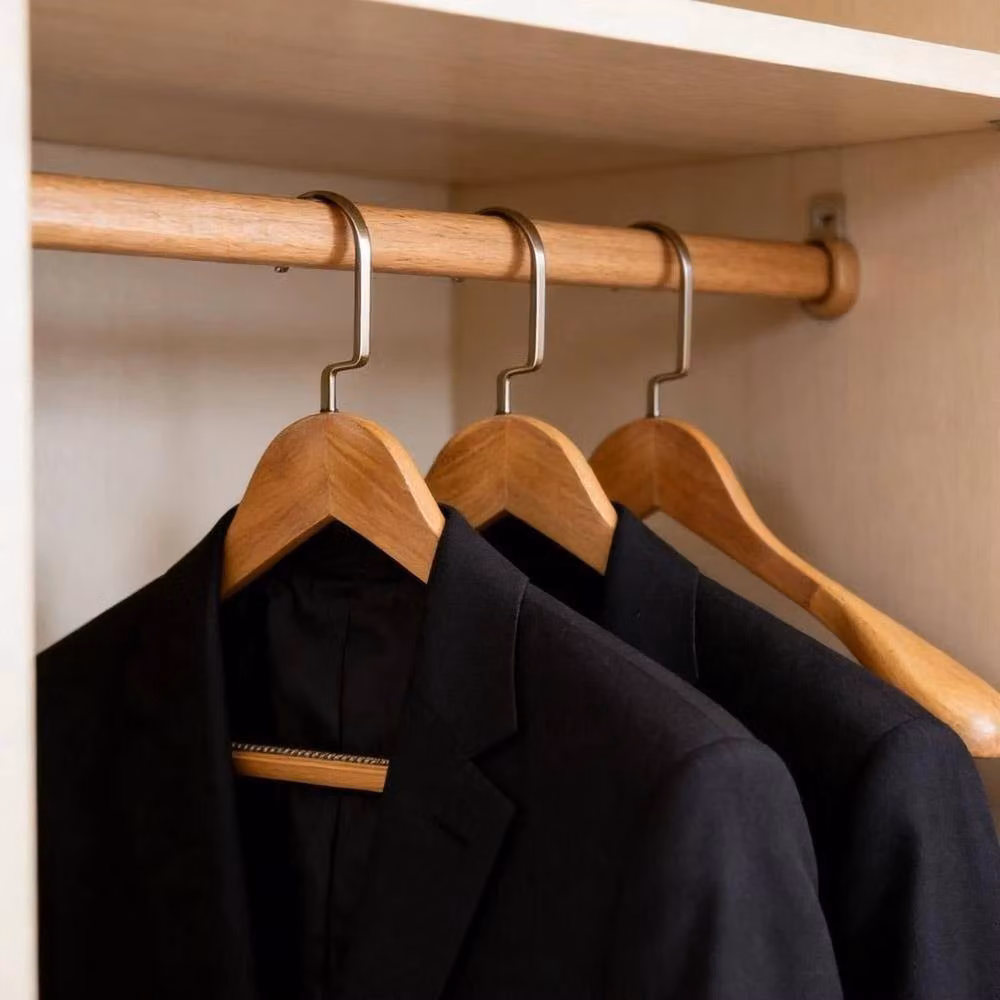 PAWNORA Set of 5 Wooden Coat Hangers with Wide Contoured Shoulders and Non-Slip Bar in Brown and Sand – 2
